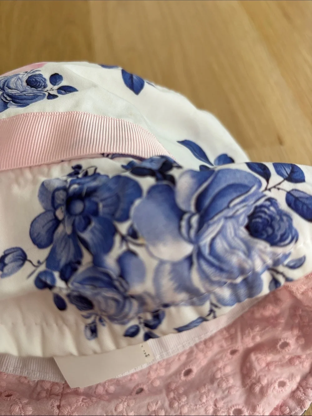 MonnaLisa Blue & White Floral Sun Hat with Pink Eyelet Trim & Pink Bow